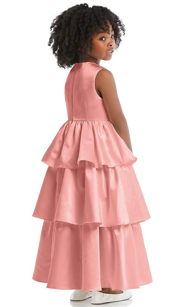 Back View - Apricot Jewel Neck Tiered Skirt Satin Flower Girl Dress