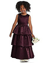 Front View Thumbnail - Bordeaux Jewel Neck Tiered Skirt Satin Flower Girl Dress
