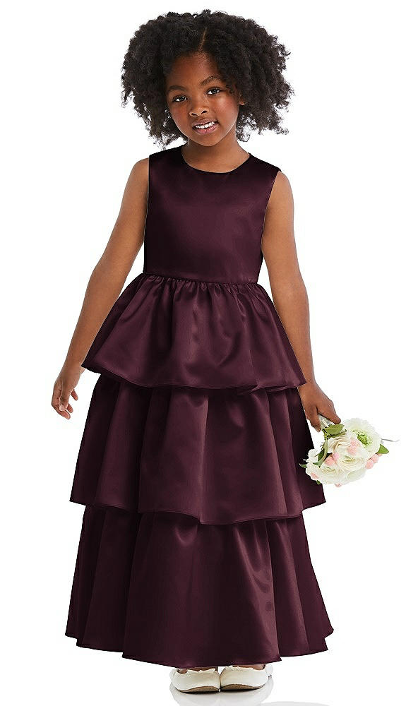 Front View - Bordeaux Jewel Neck Tiered Skirt Satin Flower Girl Dress