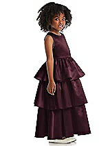 Side View Thumbnail - Bordeaux Jewel Neck Tiered Skirt Satin Flower Girl Dress