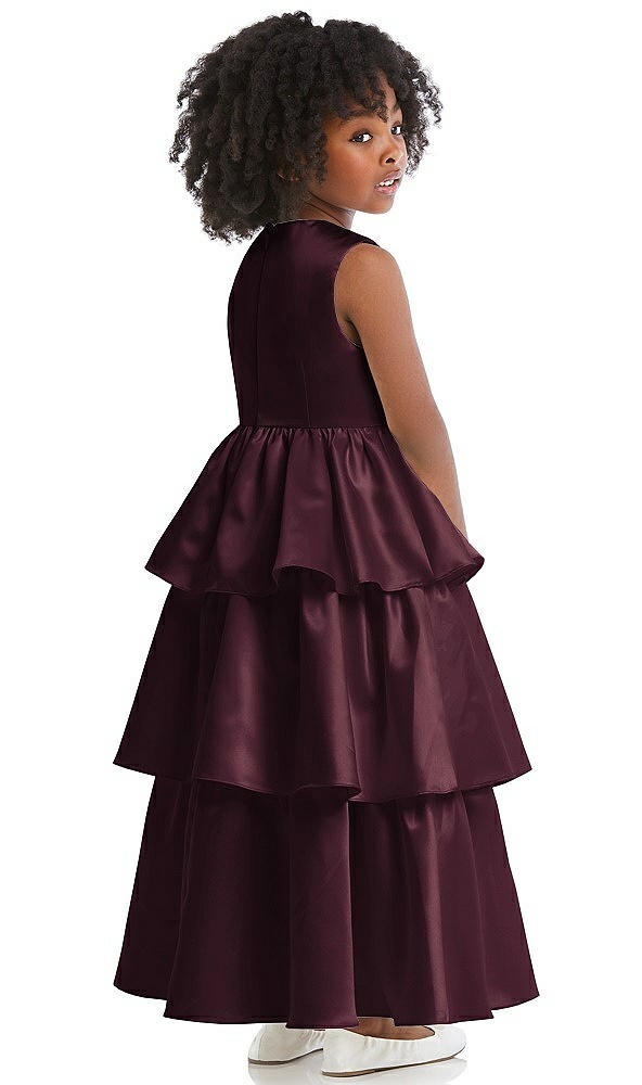 Back View - Bordeaux Jewel Neck Tiered Skirt Satin Flower Girl Dress