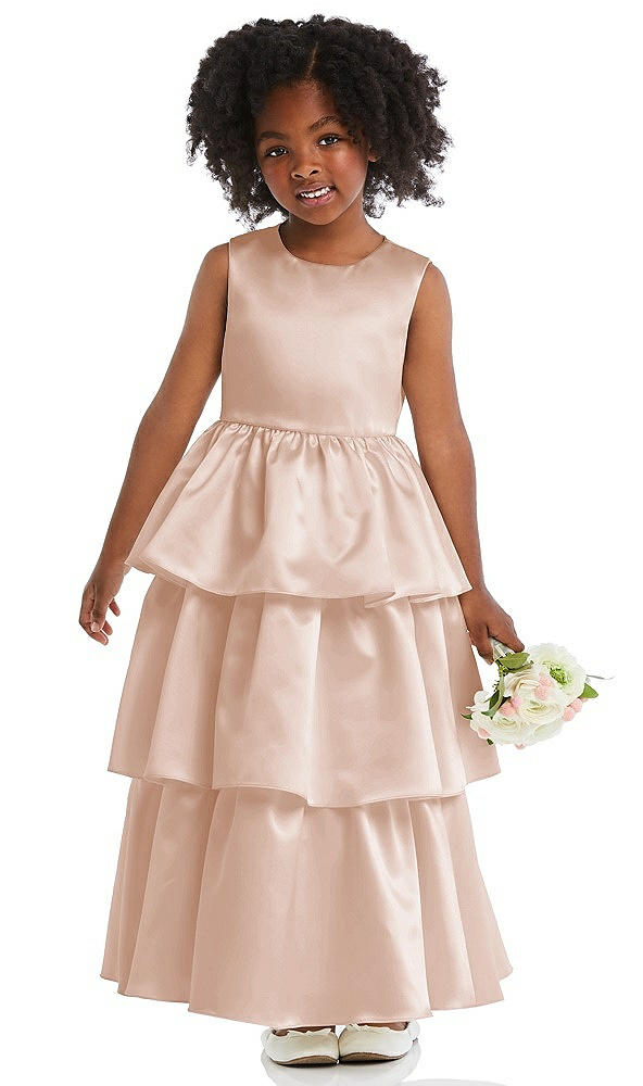 Front View - Cameo Jewel Neck Tiered Skirt Satin Flower Girl Dress