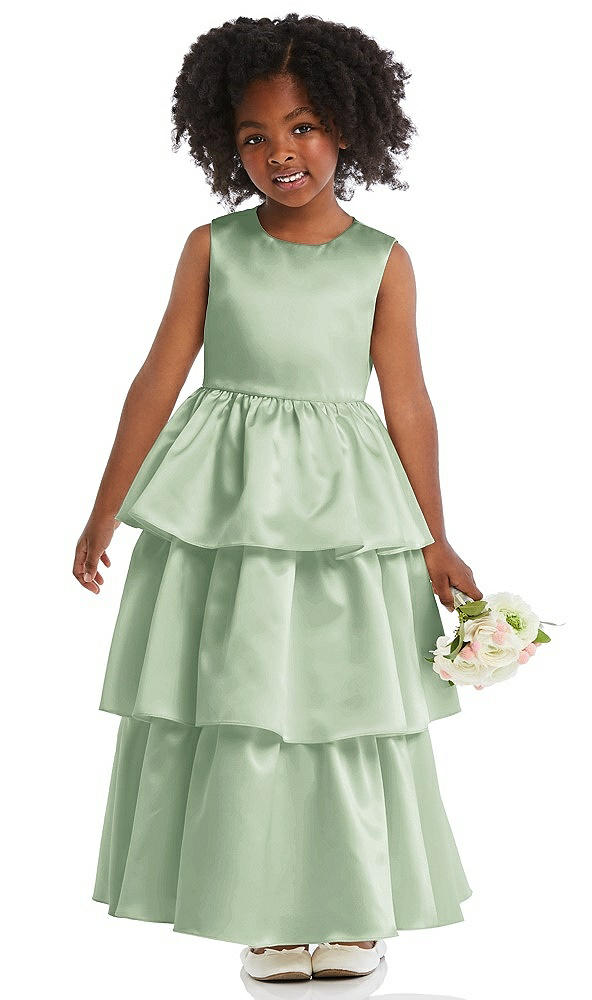 Front View - Celadon Jewel Neck Tiered Skirt Satin Flower Girl Dress