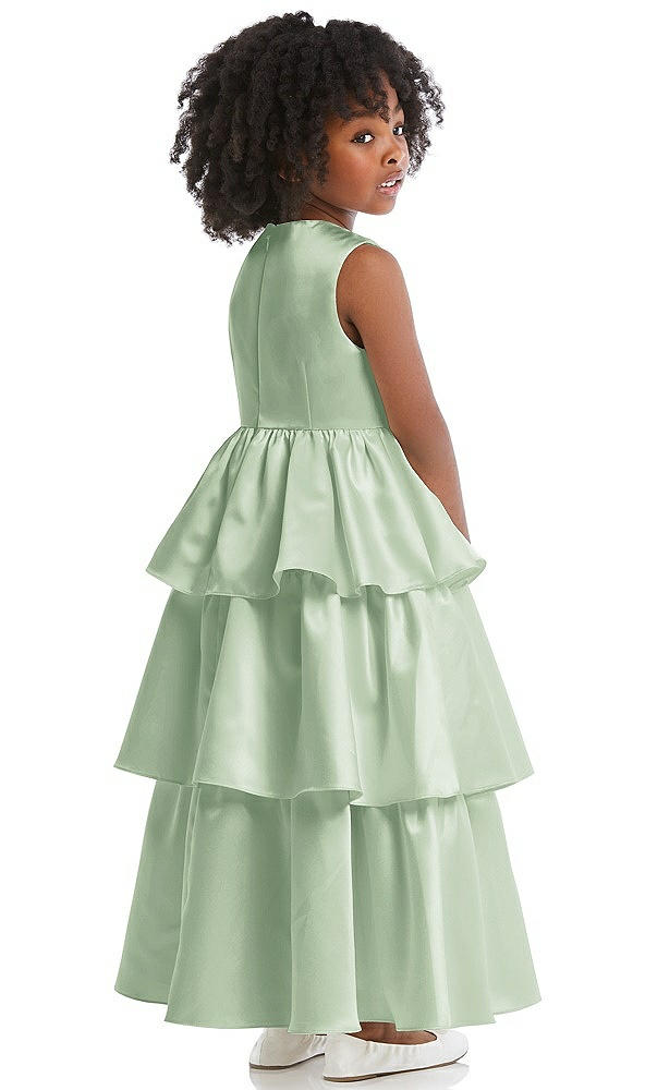 Back View - Celadon Jewel Neck Tiered Skirt Satin Flower Girl Dress