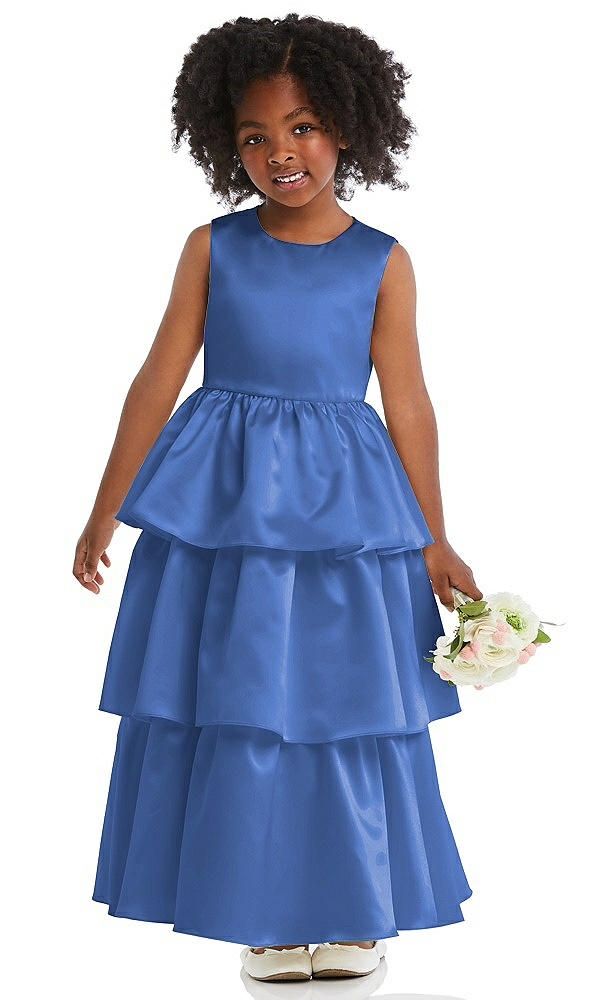Front View - Cornflower Jewel Neck Tiered Skirt Satin Flower Girl Dress