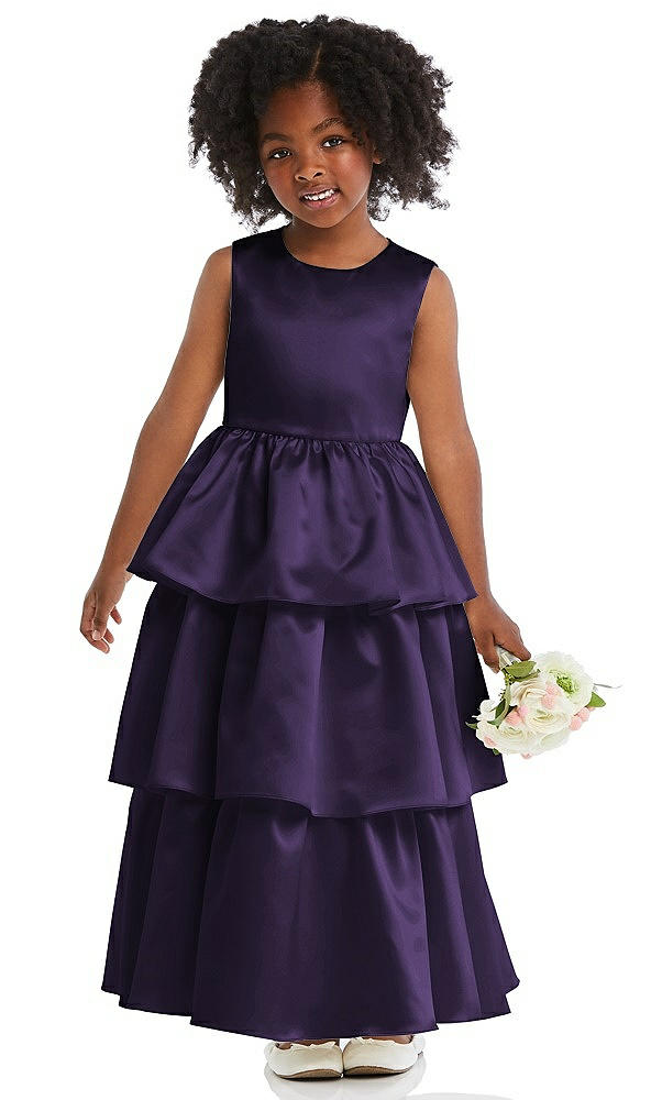 Front View - Concord Jewel Neck Tiered Skirt Satin Flower Girl Dress
