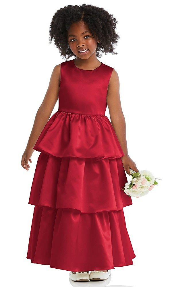 Front View - Flame Jewel Neck Tiered Skirt Satin Flower Girl Dress