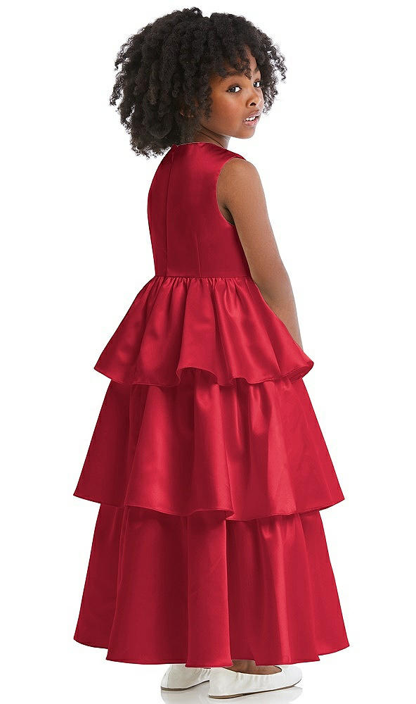 Back View - Flame Jewel Neck Tiered Skirt Satin Flower Girl Dress
