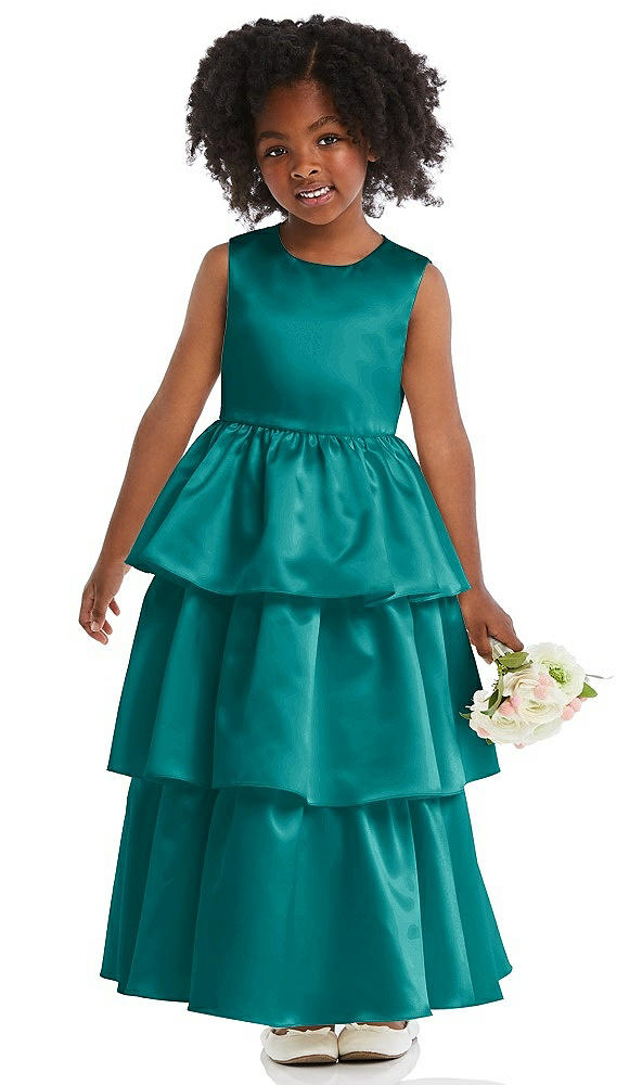 Front View - Jade Jewel Neck Tiered Skirt Satin Flower Girl Dress
