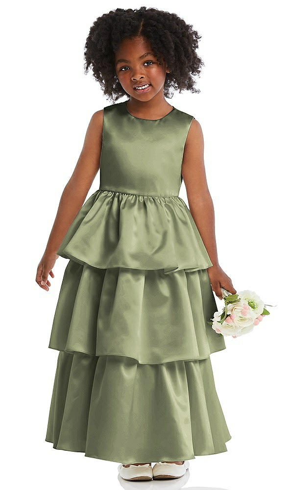 Front View - Kiwi Jewel Neck Tiered Skirt Satin Flower Girl Dress