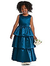 Front View Thumbnail - Ocean Blue Jewel Neck Tiered Skirt Satin Flower Girl Dress