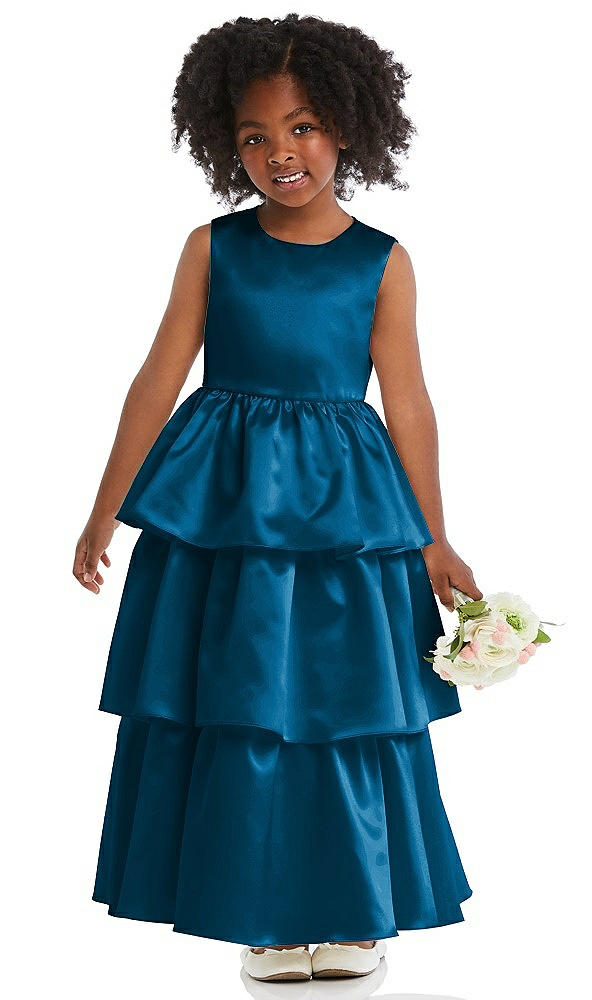 Front View - Ocean Blue Jewel Neck Tiered Skirt Satin Flower Girl Dress