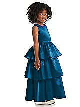Side View Thumbnail - Ocean Blue Jewel Neck Tiered Skirt Satin Flower Girl Dress