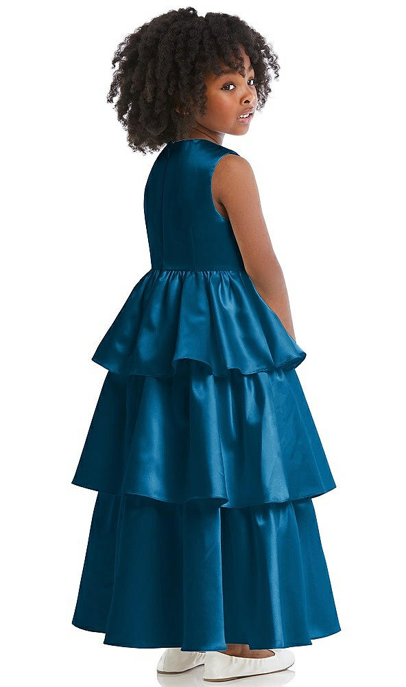Back View - Ocean Blue Jewel Neck Tiered Skirt Satin Flower Girl Dress