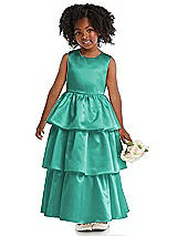 Front View Thumbnail - Pantone Turquoise Jewel Neck Tiered Skirt Satin Flower Girl Dress
