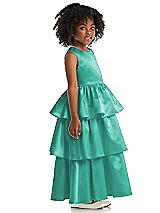 Side View Thumbnail - Pantone Turquoise Jewel Neck Tiered Skirt Satin Flower Girl Dress