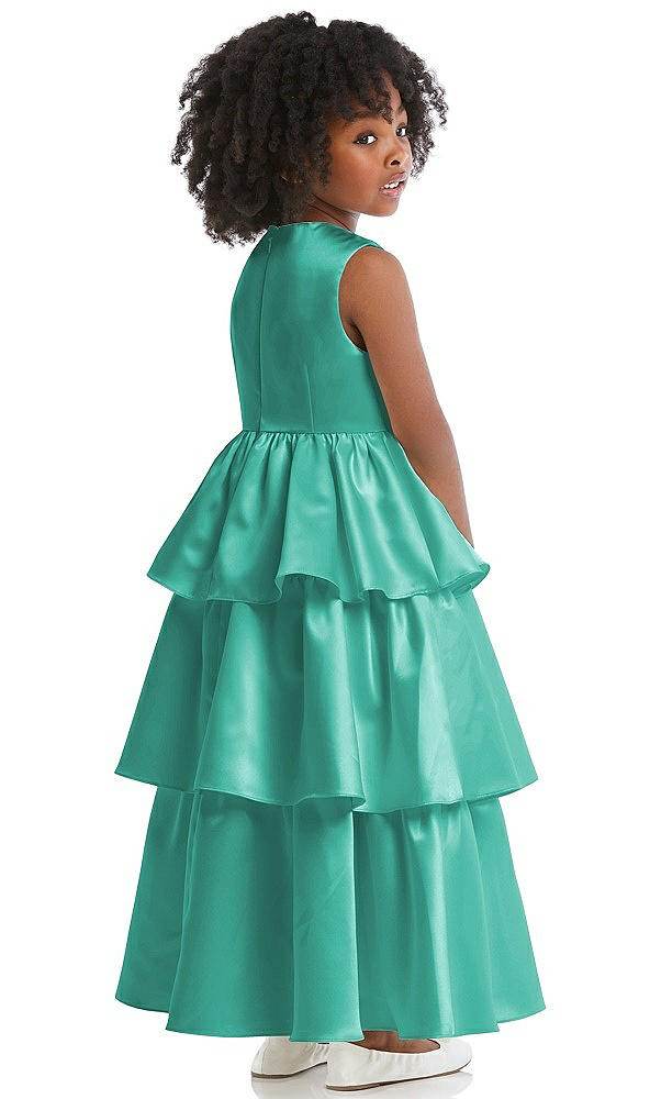 Back View - Pantone Turquoise Jewel Neck Tiered Skirt Satin Flower Girl Dress