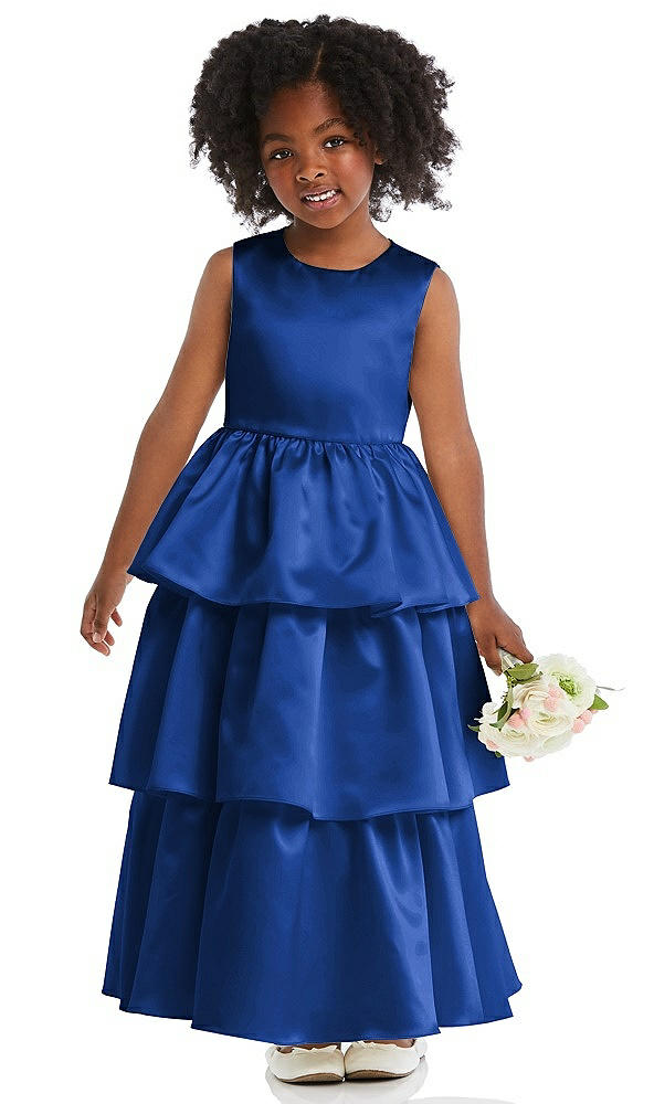 Front View - Sapphire Jewel Neck Tiered Skirt Satin Flower Girl Dress