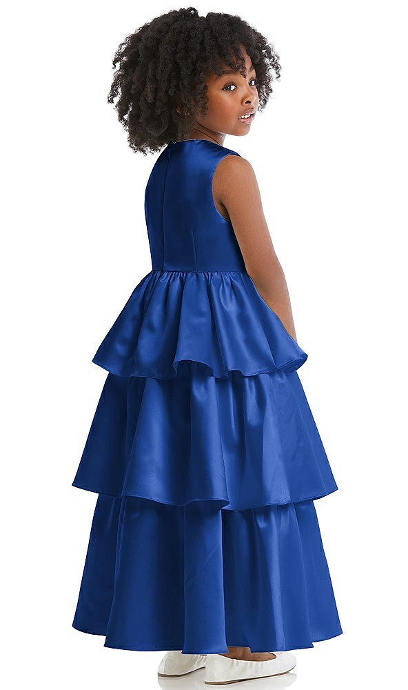 Back View - Sapphire Jewel Neck Tiered Skirt Satin Flower Girl Dress