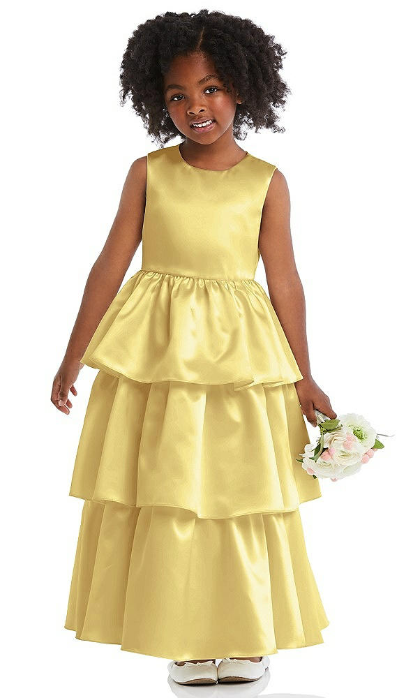 Front View - Sunflower Jewel Neck Tiered Skirt Satin Flower Girl Dress