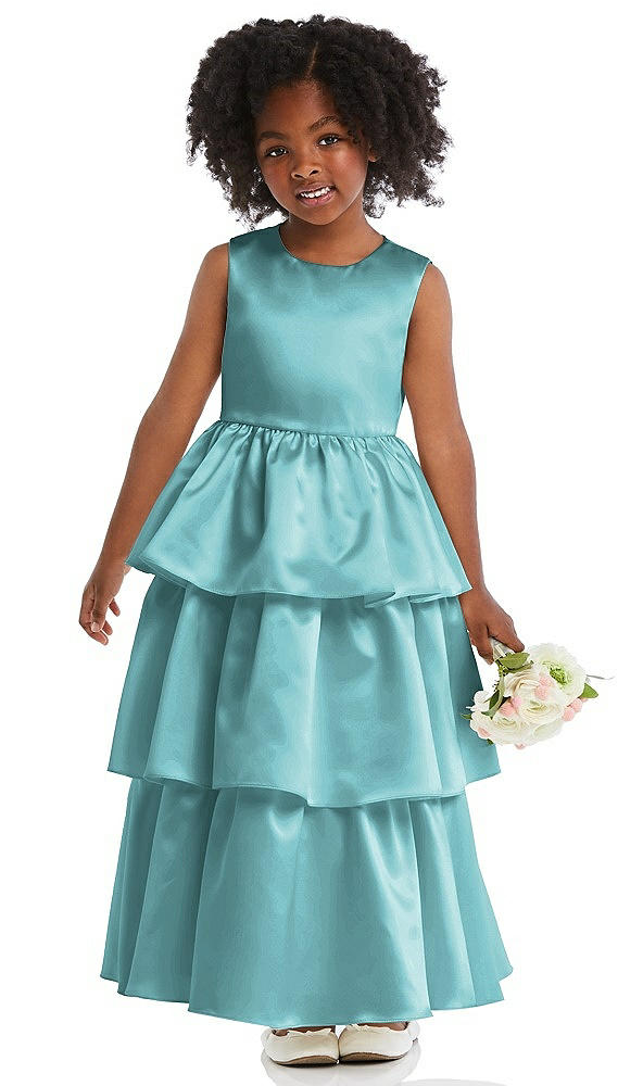 Front View - Spa Jewel Neck Tiered Skirt Satin Flower Girl Dress
