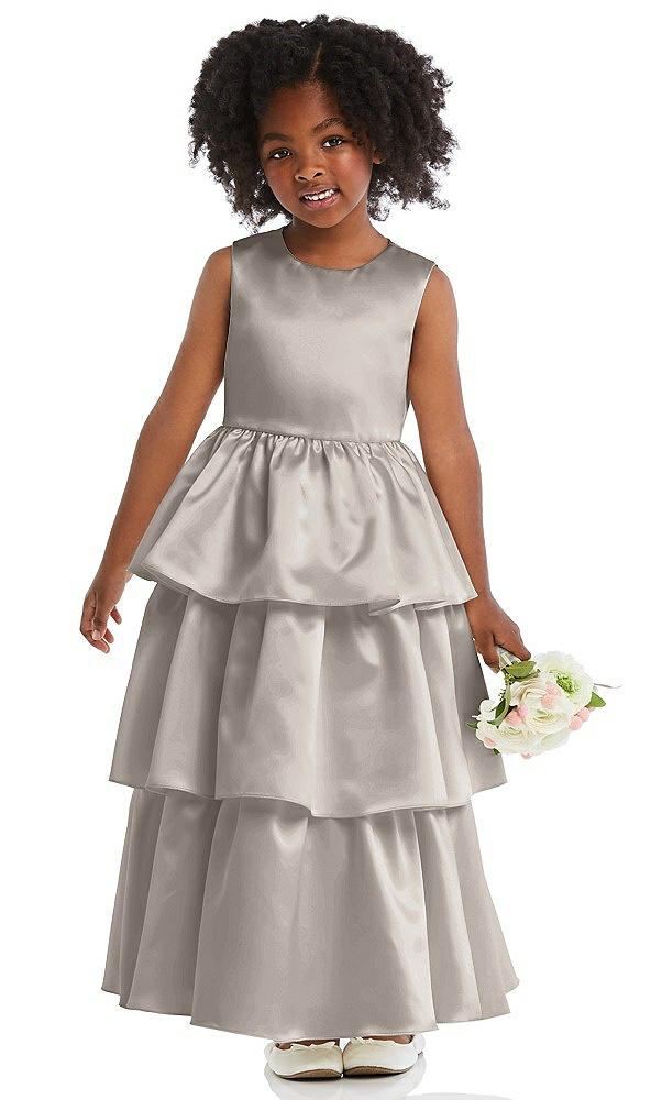 Front View - Taupe Jewel Neck Tiered Skirt Satin Flower Girl Dress