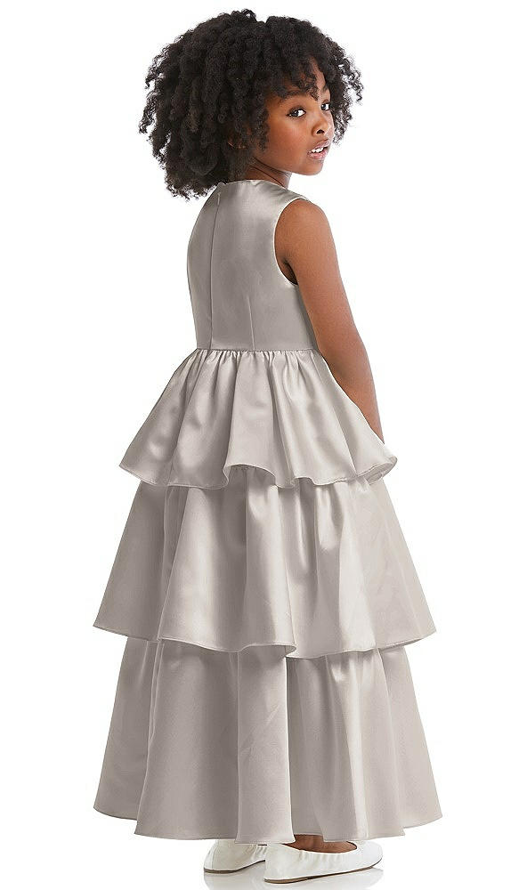 Back View - Taupe Jewel Neck Tiered Skirt Satin Flower Girl Dress