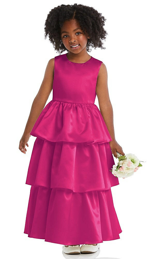 Front View - Think Pink Jewel Neck Tiered Skirt Satin Flower Girl Dress