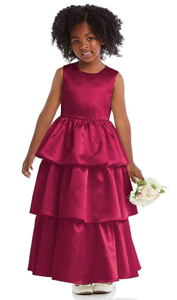 Front View - Valentine Jewel Neck Tiered Skirt Satin Flower Girl Dress