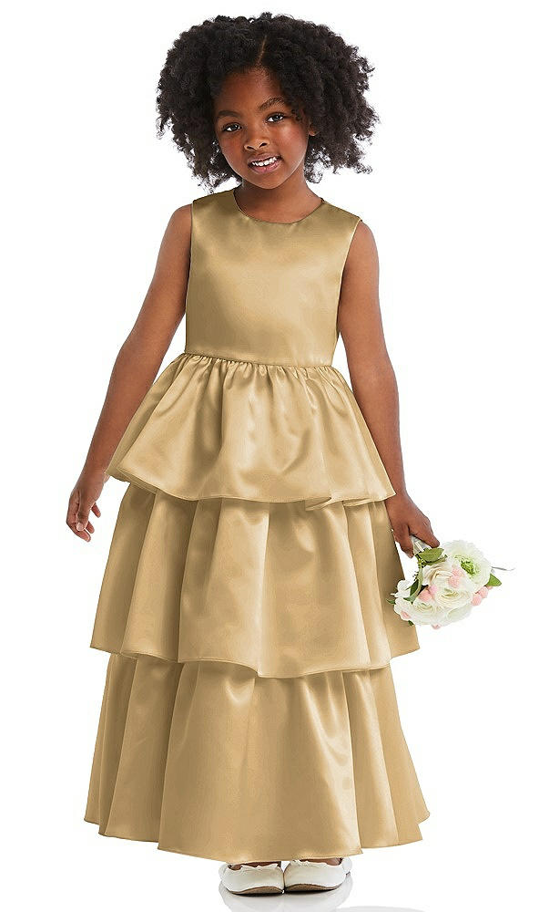 Front View - Venetian Gold Jewel Neck Tiered Skirt Satin Flower Girl Dress