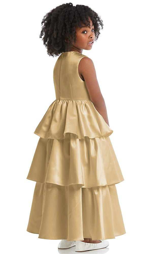 Back View - Venetian Gold Jewel Neck Tiered Skirt Satin Flower Girl Dress