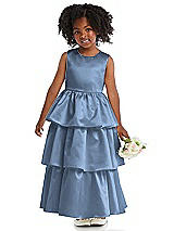 Front View Thumbnail - Windsor Blue Jewel Neck Tiered Skirt Satin Flower Girl Dress