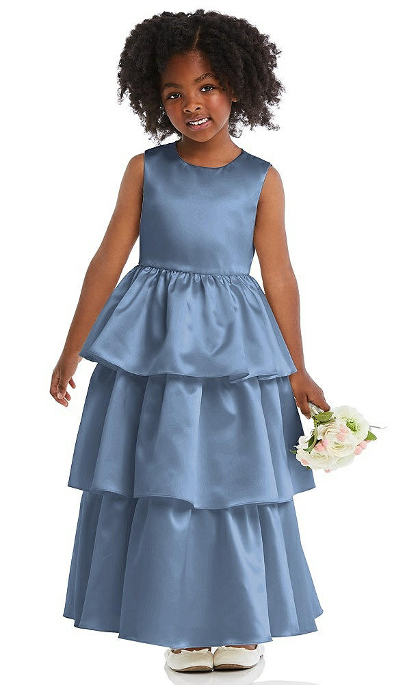 Front View - Windsor Blue Jewel Neck Tiered Skirt Satin Flower Girl Dress