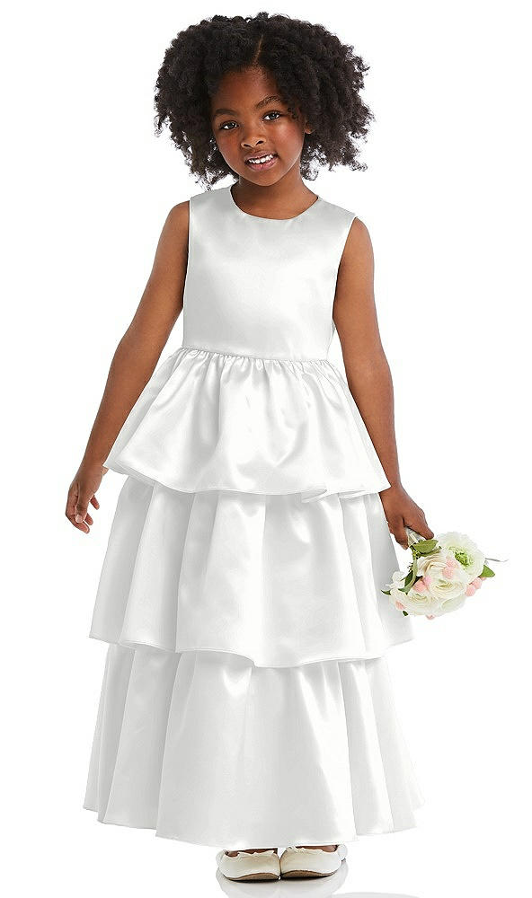 Front View - White Jewel Neck Tiered Skirt Satin Flower Girl Dress