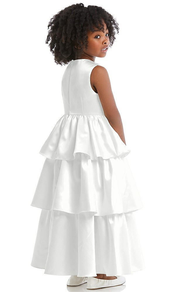 Back View - White Jewel Neck Tiered Skirt Satin Flower Girl Dress