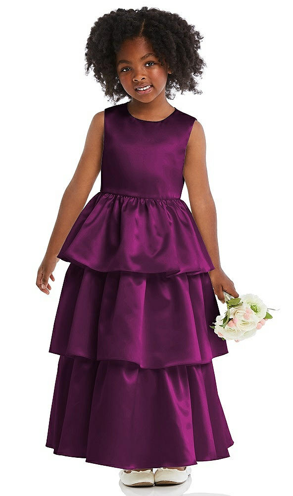 Front View - Wild Berry Jewel Neck Tiered Skirt Satin Flower Girl Dress