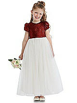 Front View Thumbnail - Burgundy Puff Sleeve Sequin and Tulle Flower Girl Dress