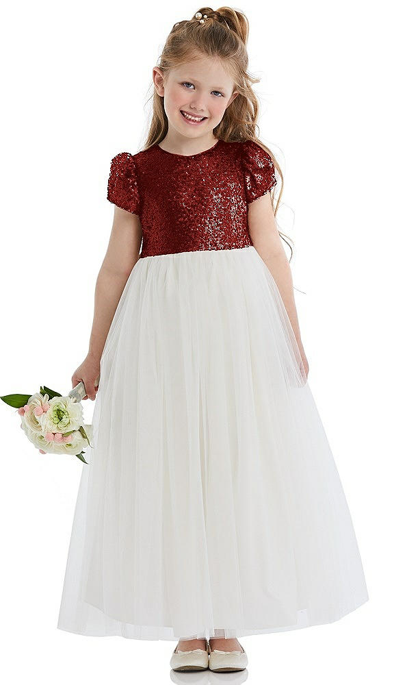 Front View - Burgundy Puff Sleeve Sequin and Tulle Flower Girl Dress