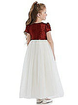 Rear View Thumbnail - Burgundy Puff Sleeve Sequin and Tulle Flower Girl Dress