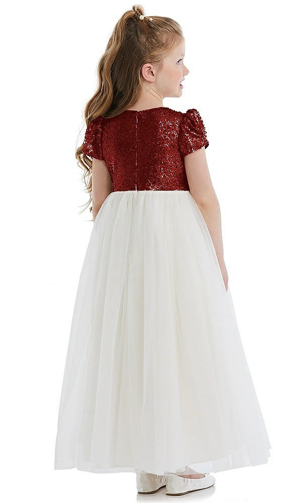 Back View - Burgundy Puff Sleeve Sequin and Tulle Flower Girl Dress