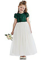 Front View Thumbnail - Hunter Green Puff Sleeve Sequin and Tulle Flower Girl Dress