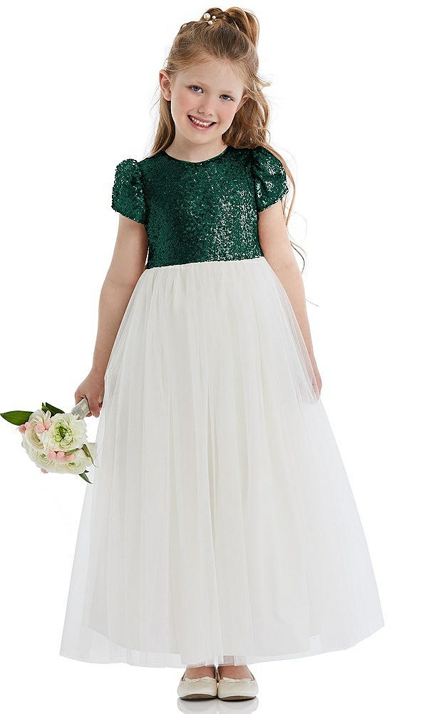 Front View - Hunter Green Puff Sleeve Sequin and Tulle Flower Girl Dress