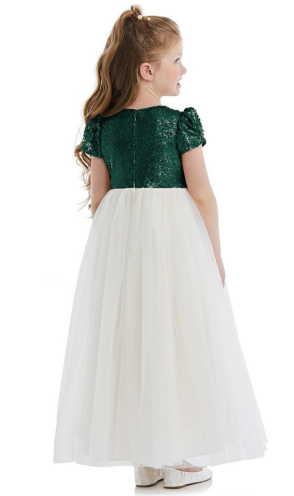 Back View - Hunter Green Puff Sleeve Sequin and Tulle Flower Girl Dress