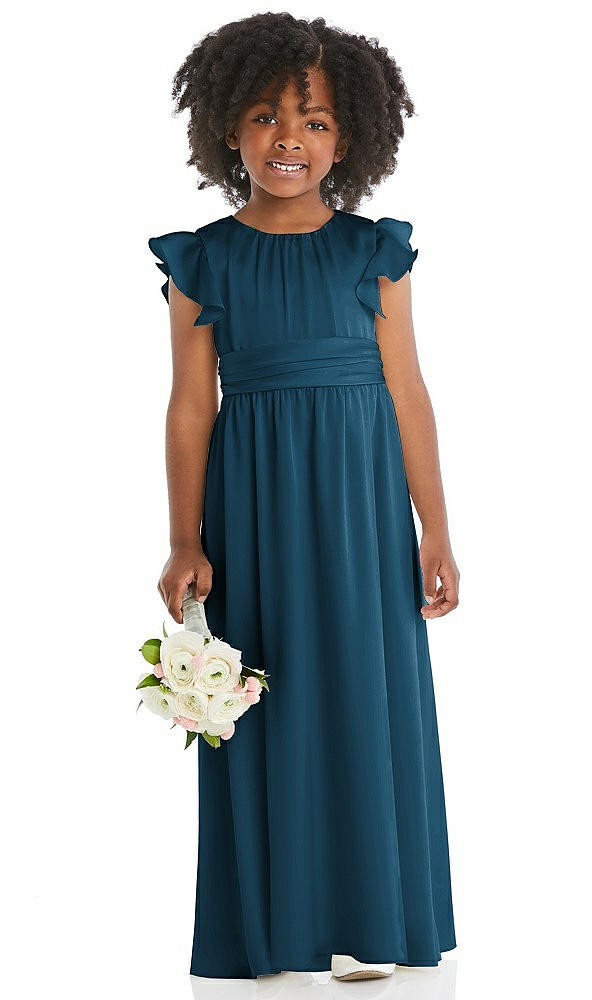 Front View - Atlantic Blue Ruffle Flutter Sleeve Whisper Satin Flower Girl Dress