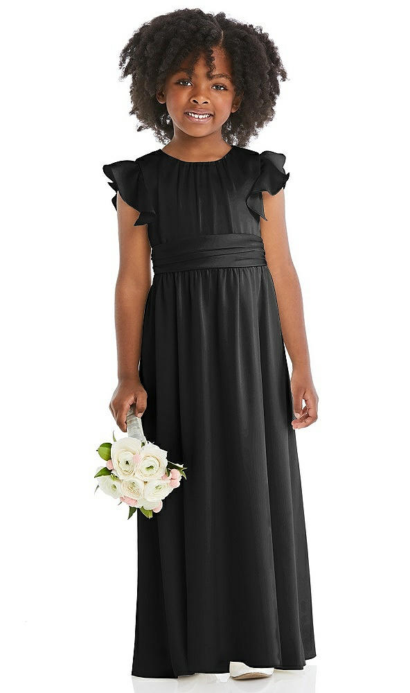 Front View - Black Ruffle Flutter Sleeve Whisper Satin Flower Girl Dress