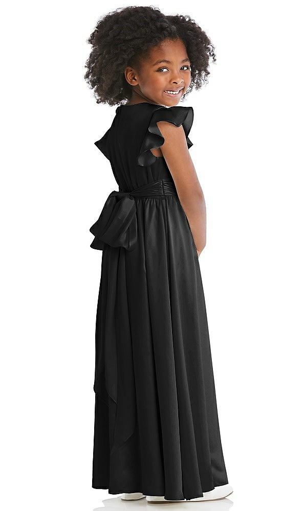 Back View - Black Ruffle Flutter Sleeve Whisper Satin Flower Girl Dress