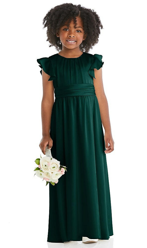 Front View - Evergreen Ruffle Flutter Sleeve Whisper Satin Flower Girl Dress