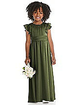 Front View Thumbnail - Olive Green Ruffle Flutter Sleeve Whisper Satin Flower Girl Dress