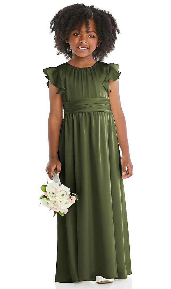 Front View - Olive Green Ruffle Flutter Sleeve Whisper Satin Flower Girl Dress