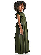 Side View Thumbnail - Olive Green Ruffle Flutter Sleeve Whisper Satin Flower Girl Dress